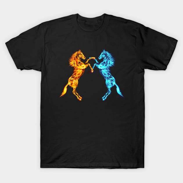 Flaming Fire And Ice Fighting Horses T-Shirt by Atteestude